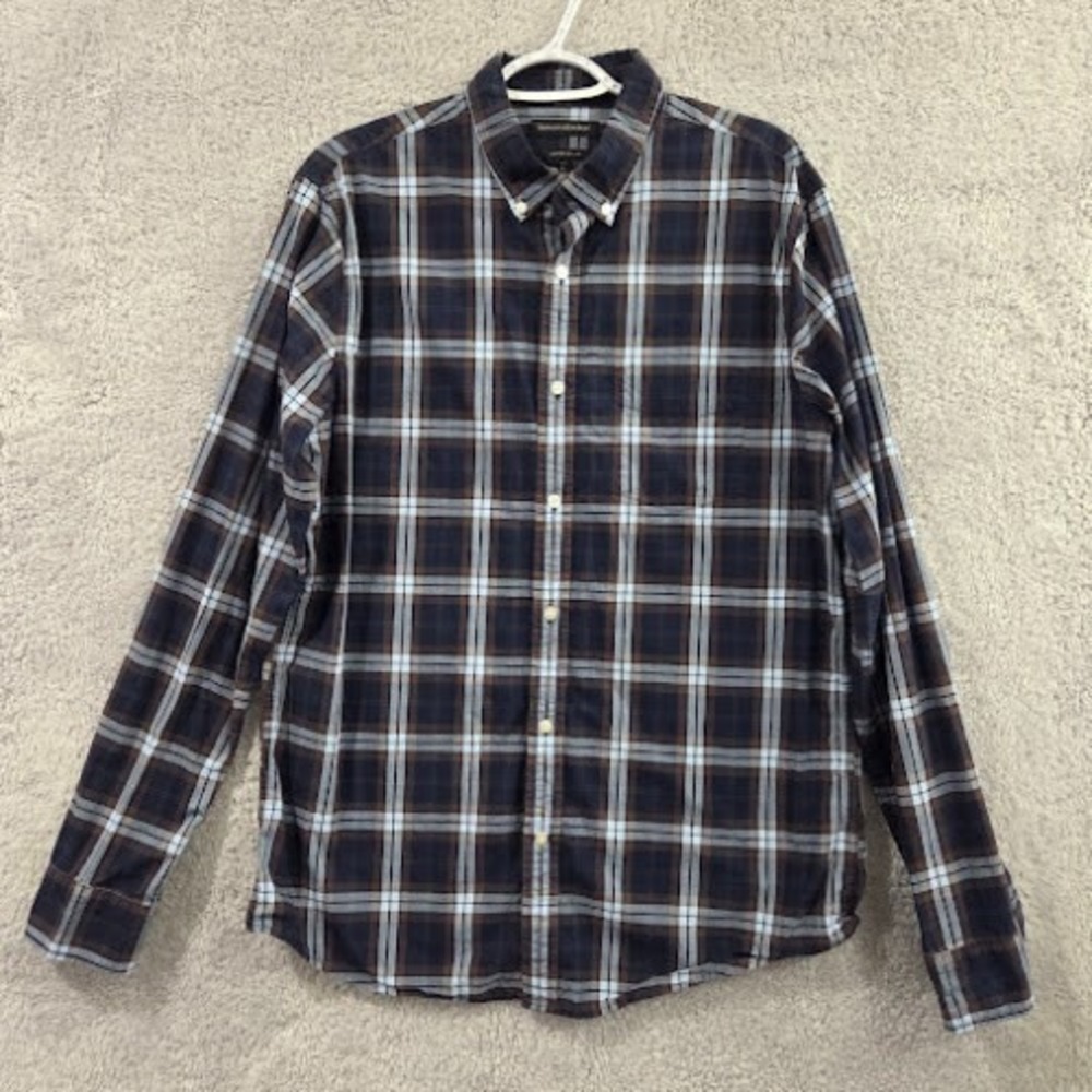 Banana Republic Button Down Shirt Men's Large Tall Blue Plaid Untucked Slim Fit